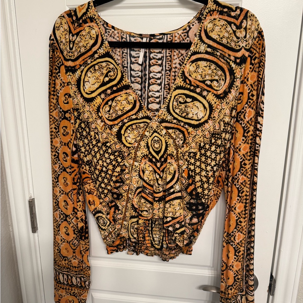 Free People Black and Orange Boho Blouse